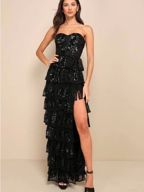 Lulus Dresses & Skirts - Lulu's Black Strapless Sequin Tiered Ruffle Gown